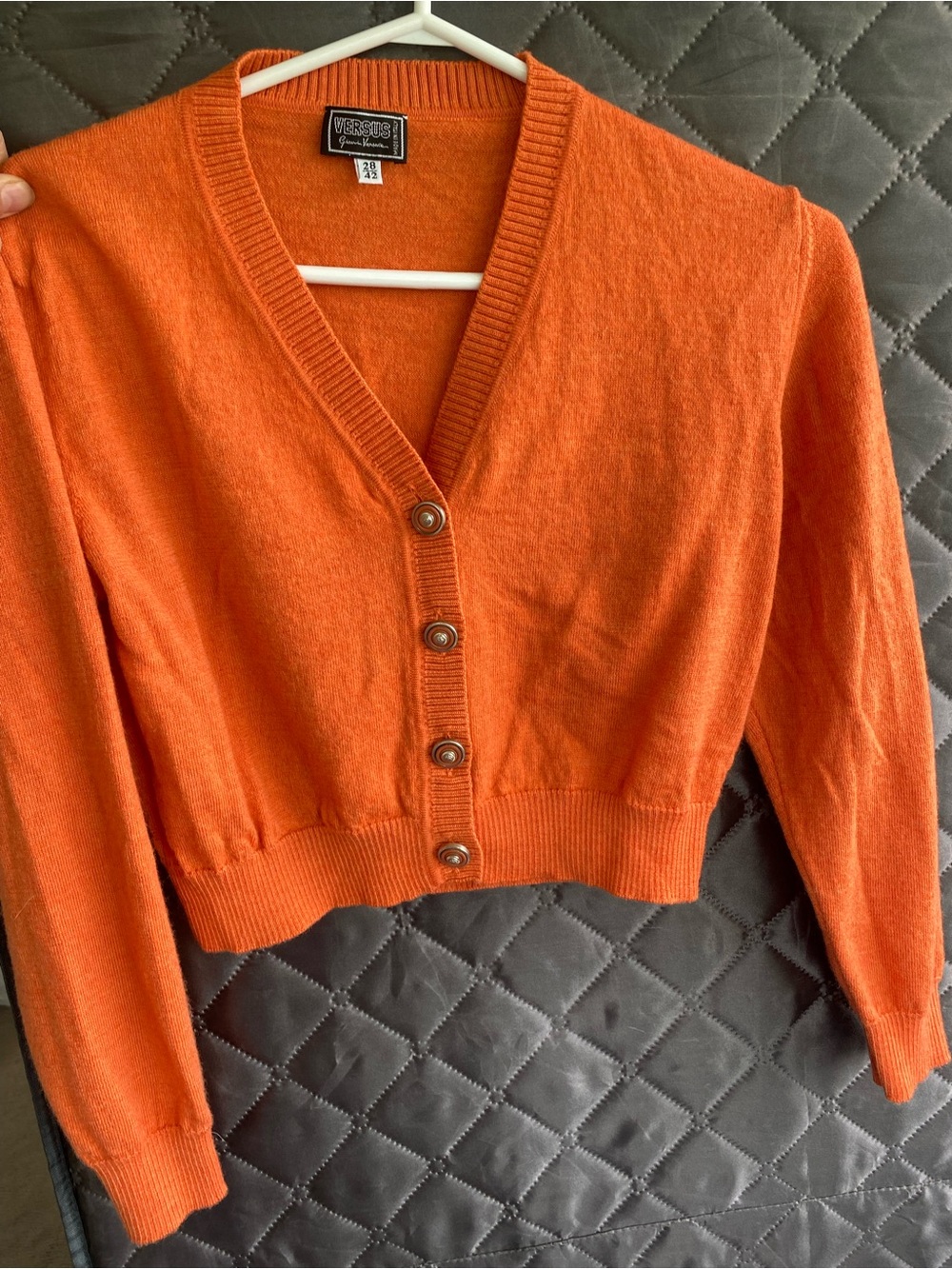 Versace Orange Cropped V-Neck Button Cardigan